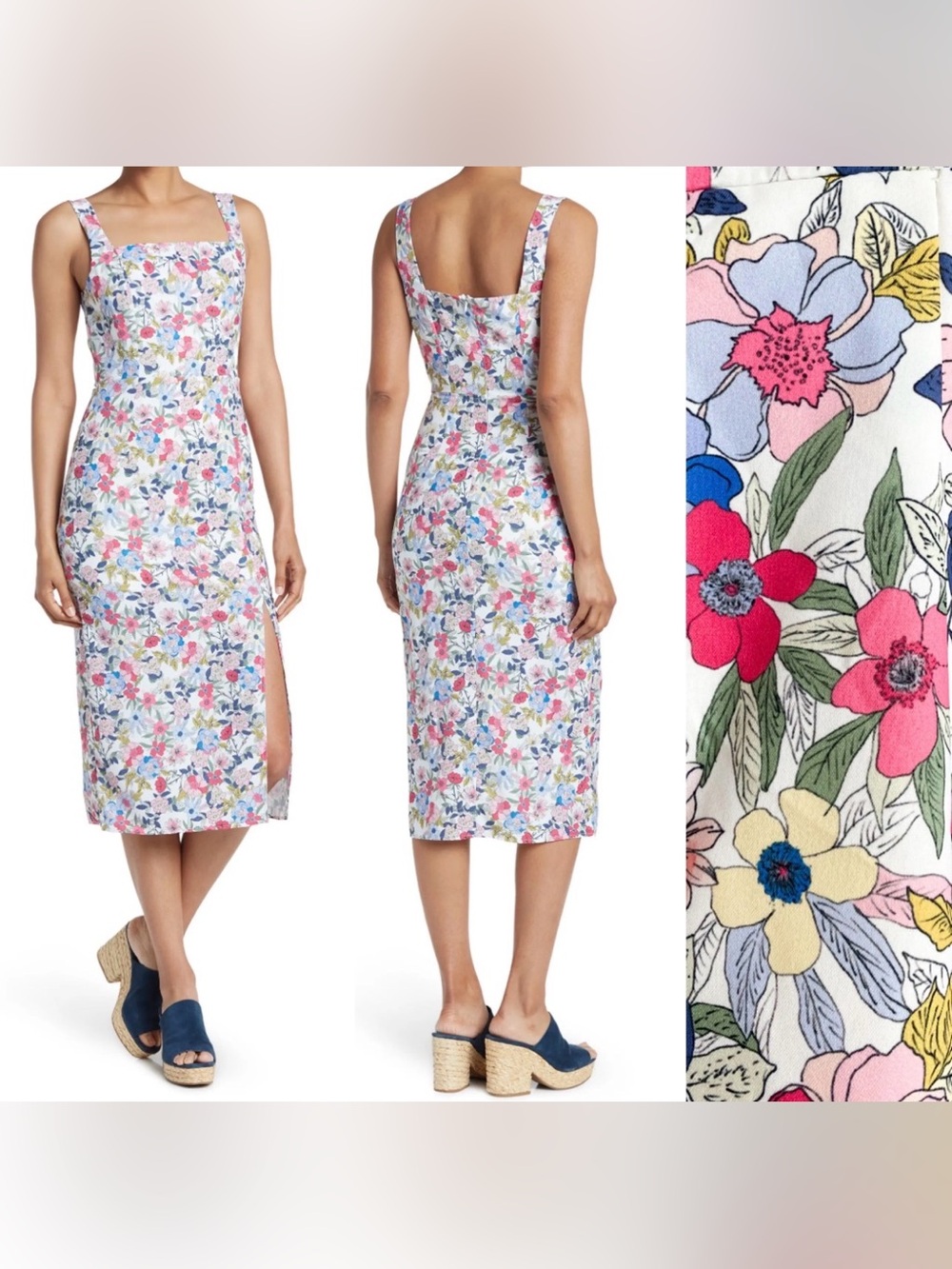 NSR Floral Square-Neck Midi Dress in White with Pink & Blue Print